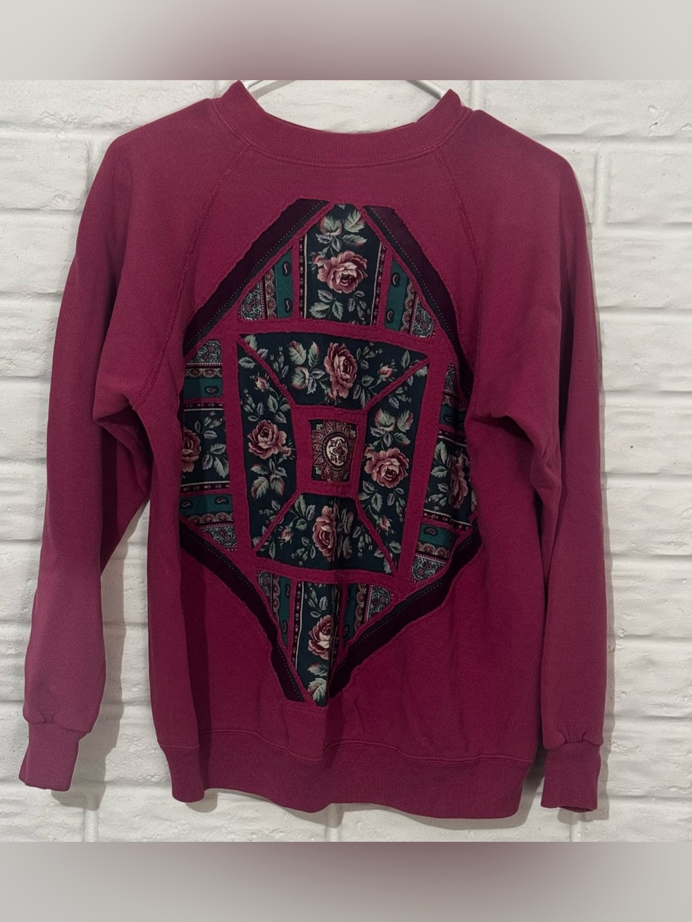 Vintage 90s Grandma Style Sweatshirt Size Large Pink Handmade Patch Cottagecore